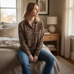 Aerie Leopard Print Button Down Shirt Brown Animal Print Long Sleeve‎ XS